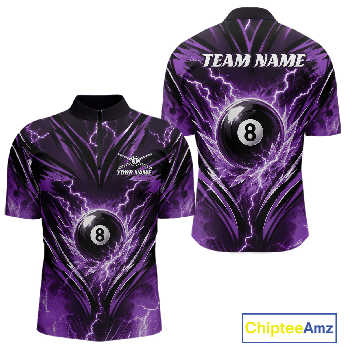Custom Purple Icy Thunder Lightning 8 Ball Billiards Men Quarter Zip Shirt, Pool League Shirt IPHW11763