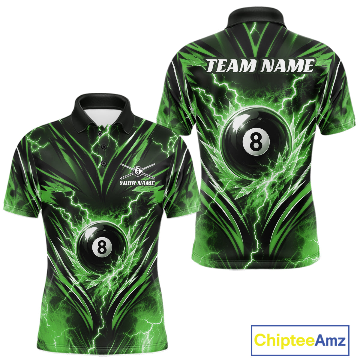Custom Green Icy Thunder Lightning 8 Ball Billiards Men Polo Shirt, Pool League Shirt IPHW11764