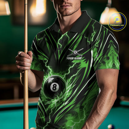 Custom Green Icy Thunder Lightning 8 Ball Billiards Men Polo Shirt, Pool League Shirt IPHW11764