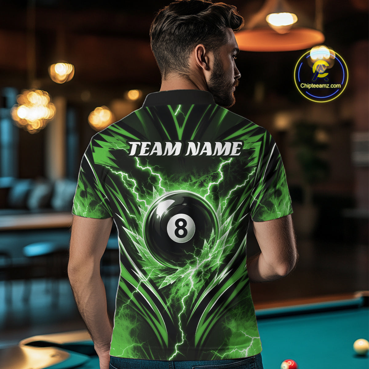 Custom Green Icy Thunder Lightning 8 Ball Billiards Men Polo Shirt, Pool League Shirt IPHW11764