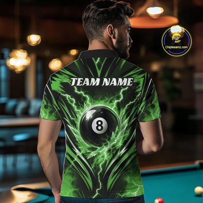 Custom Green Icy Thunder Lightning 8 Ball Billiards Men Polo Shirt, Pool League Shirt IPHW11764
