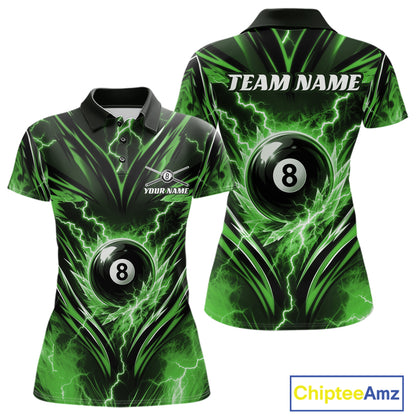 Custom Green Icy Thunder Lightning 8 Ball Billiards Women Polo Shirt, Pool League Shirt IPHW11764