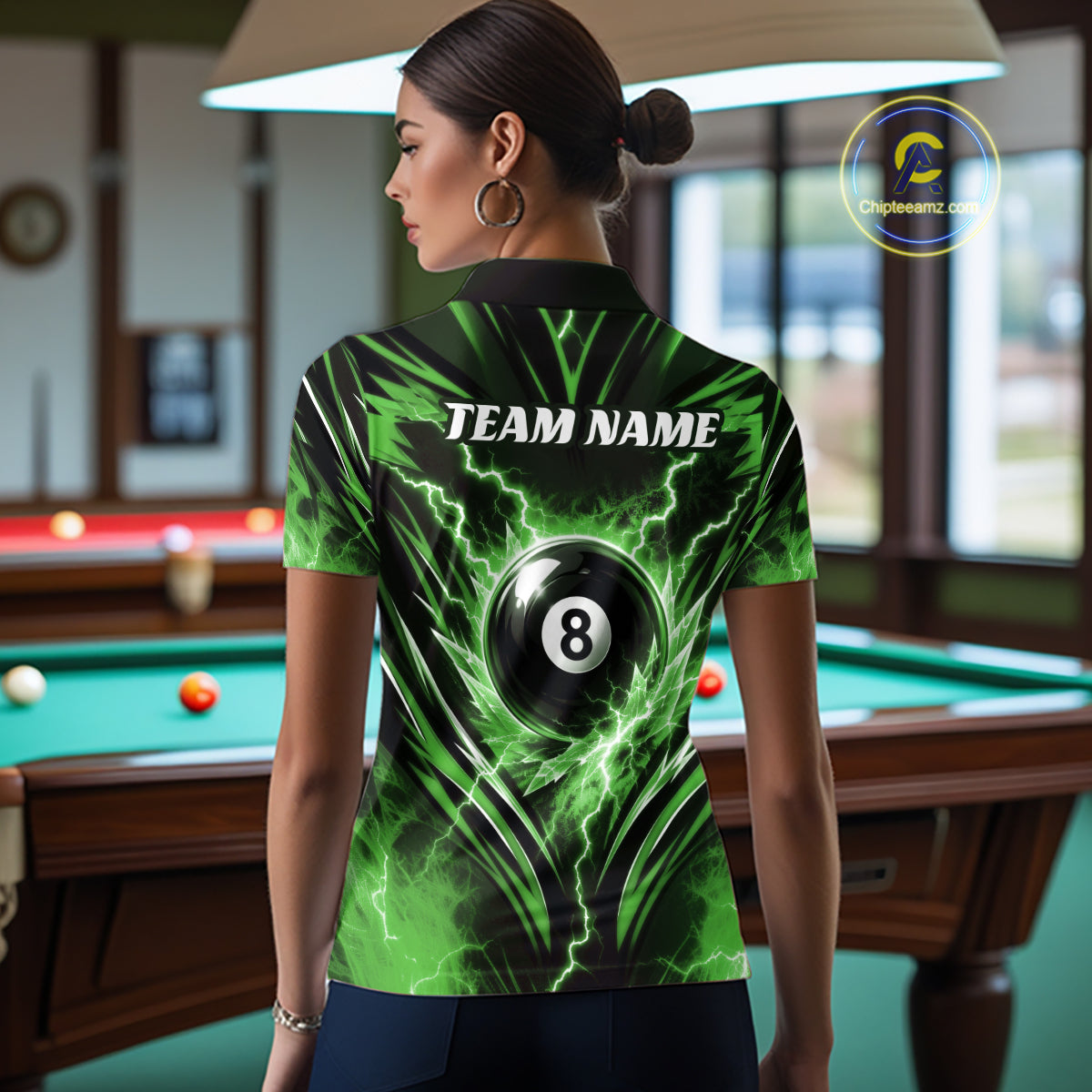 Custom Green Icy Thunder Lightning 8 Ball Billiards Women Polo Shirt, Pool League Shirt IPHW11764