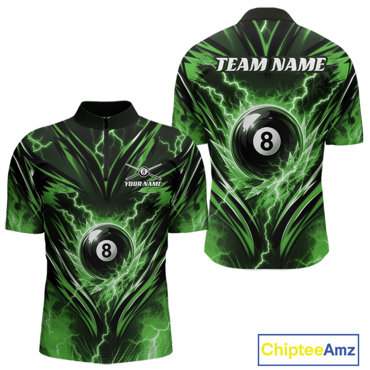 Custom Green Icy Thunder Lightning 8 Ball Billiards Men Quarter Zip Shirt, Pool League Shirt IPHW11764