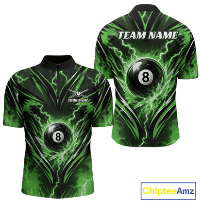 Custom Green Icy Thunder Lightning 8 Ball Billiards Men Quarter Zip Shirt, Pool League Shirt IPHW11764