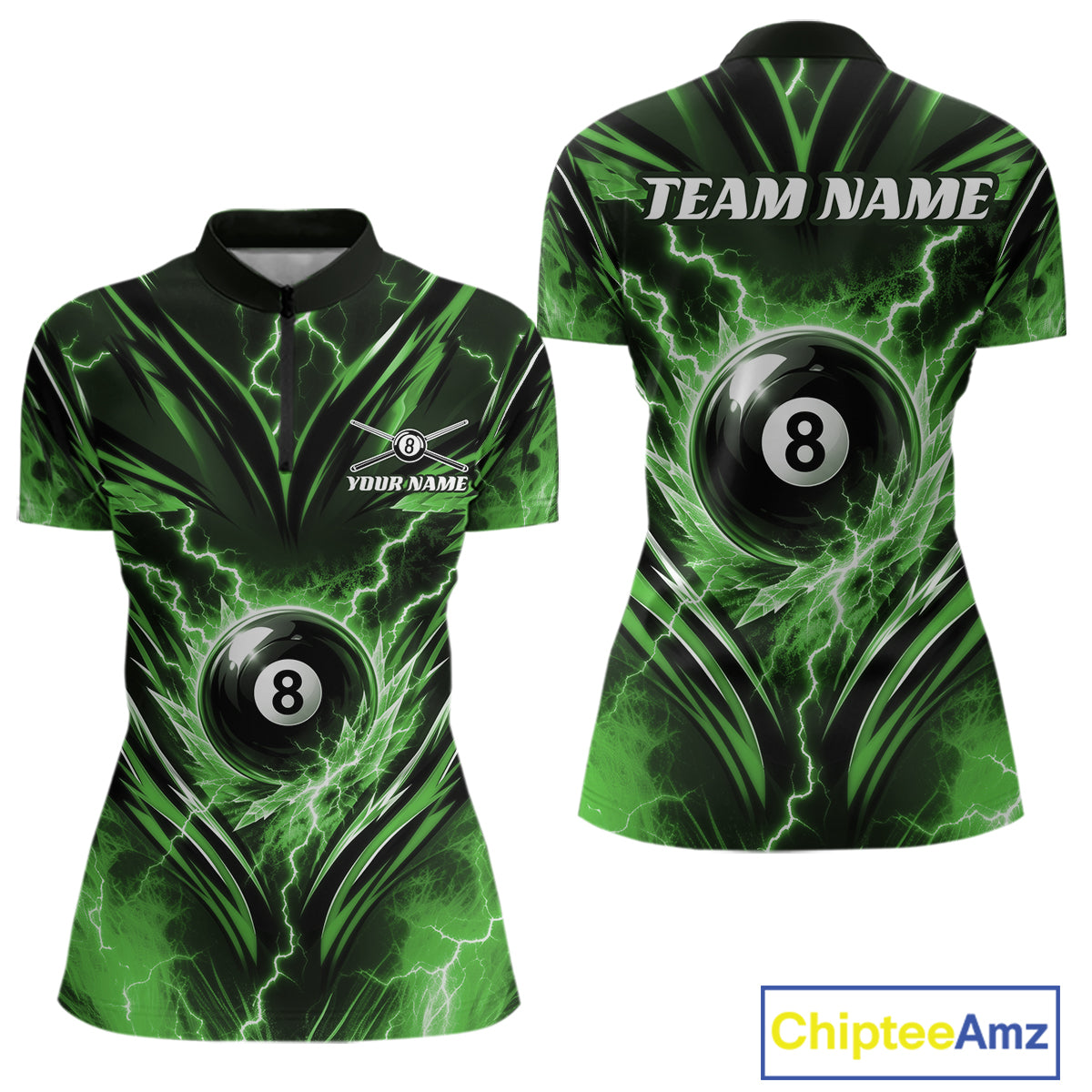 Custom Green Icy Lightning 8 Ball Billiards Women Quarter-Zip Shirt, Pool League Shirt IPHW11764