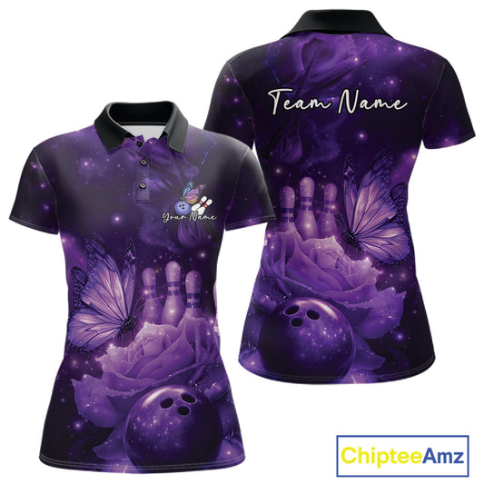 Custom Purple Butterfly And Roses Bowling Women Polo Shirts, Ladies Bowling Team IPHW10877