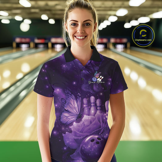 Custom Purple Butterfly And Roses Bowling Women Polo Shirts, Ladies Bowling Team IPHW10877