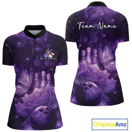 Custom Purple Butterfly And Roses Bowling Women Quarter-Zip Shirts, Ladies Bowling Team IPHW10877