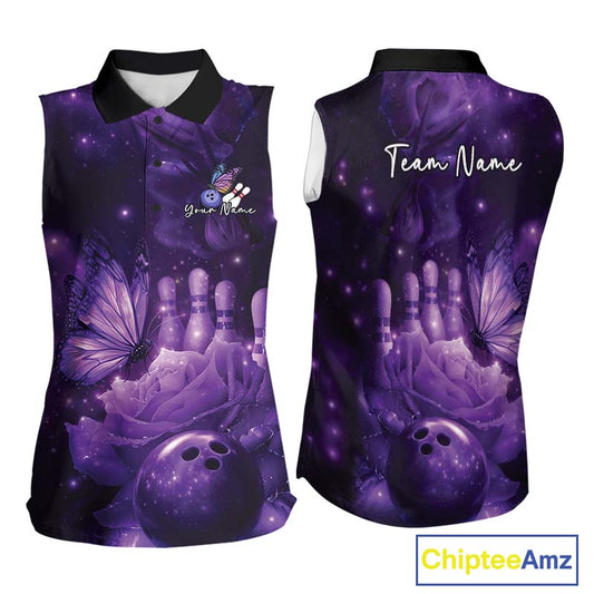 Custom Purple Butterfly And Roses Bowling Women Sleeveless Polo Shirts, Ladies Bowling Team IPHW10877