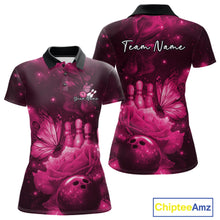 Load image into Gallery viewer, Custom Pink Butterfly And Roses Bowling Women Polo Shirts, Ladies Bowling Team IPHW10878