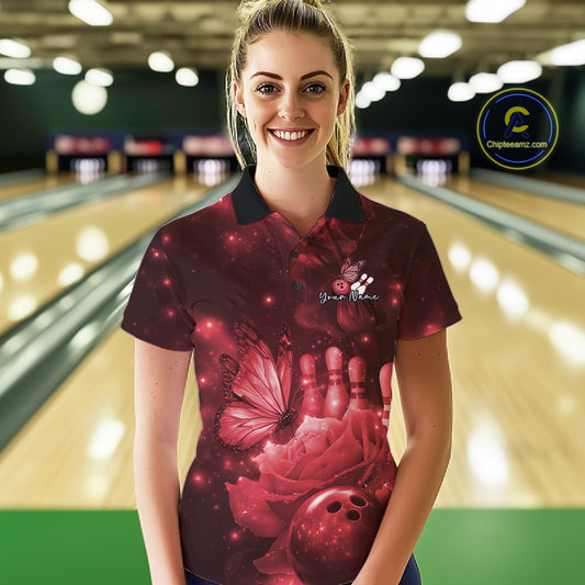 Custom Red Butterfly And Roses Bowling Women Polo Shirts, Ladies Bowling Team IPHW10879