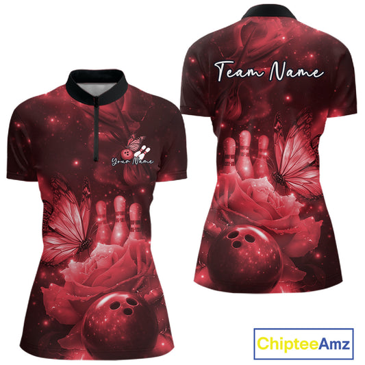 Custom Red Butterfly And Roses Bowling Women Quarter-Zip Shirts, Ladies Bowling Team IPHW10879