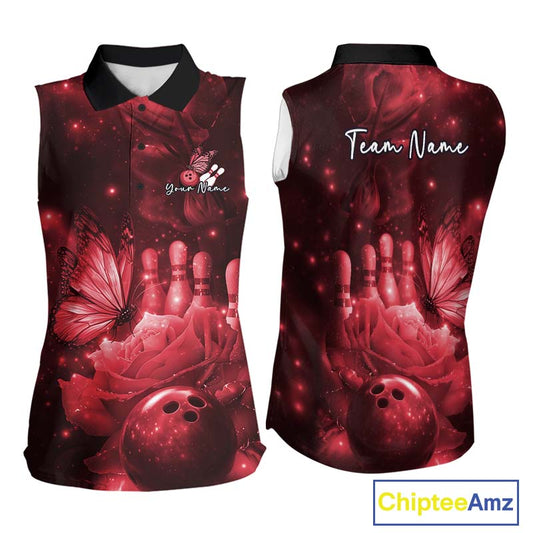 Custom Red Butterfly And Roses Bowling Women Sleeveless Polo Shirts, Ladies Bowling Team IPHW10879