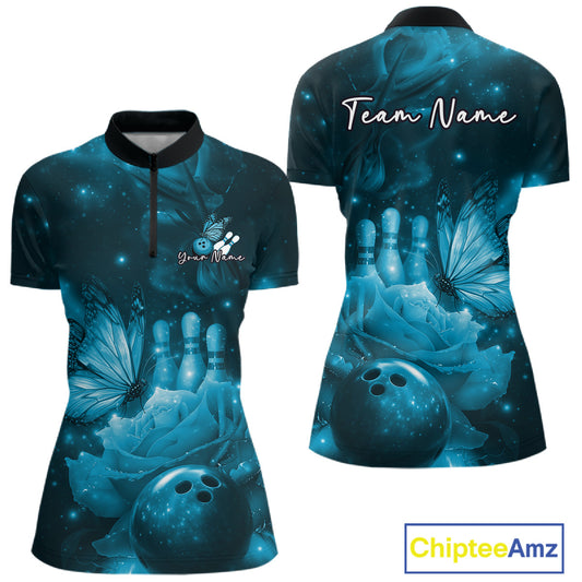 Custom Blue Butterfly And Roses Bowling Women Quarter-Zip Shirts, Ladies Bowling Team IPHW10880