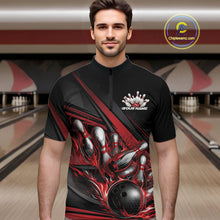Load image into Gallery viewer, Custom Black And Red Flame Bowling Team Jersey, Bowling Tournament Men Quarter-Zip Shirt IPHW11205