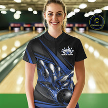 Load image into Gallery viewer, Custom Black And Blue Flame Bowling Jersey, Bowling Tournament Women Quarter-Zip Shirt IPHW11206