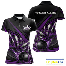 Load image into Gallery viewer, Custom Black And Purple Flame Bowling Team Jersey, Bowling Tournament Women Polo Shirt IPHW11207
