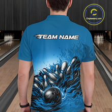 Load image into Gallery viewer, Custom Blue Flame Bowling Tournament Men Polo Team Shirt, Fire Bowling League Shirt IPHW11216