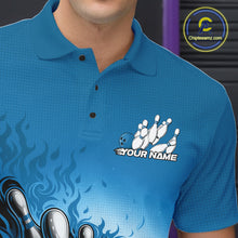 Load image into Gallery viewer, Custom Blue Flame Bowling Tournament Men Polo Team Shirt, Fire Bowling League Shirt IPHW11216