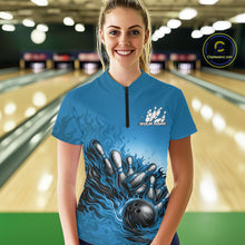 Load image into Gallery viewer, Custom Blue Flame Bowling Tournament Women Quarter-Zip Shirt, Fire Bowling League Shirt IPHW11216
