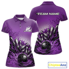 Load image into Gallery viewer, Custom Purple Flame Bowling Tournament Women Polo Team Shirt, Fire Bowling League Shirt IPHW11217