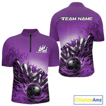 Load image into Gallery viewer, Custom Purple Flame Bowling Tournament Men Quarter-Zip Team Shirt, Fire Bowling League Shirt IPHW11217