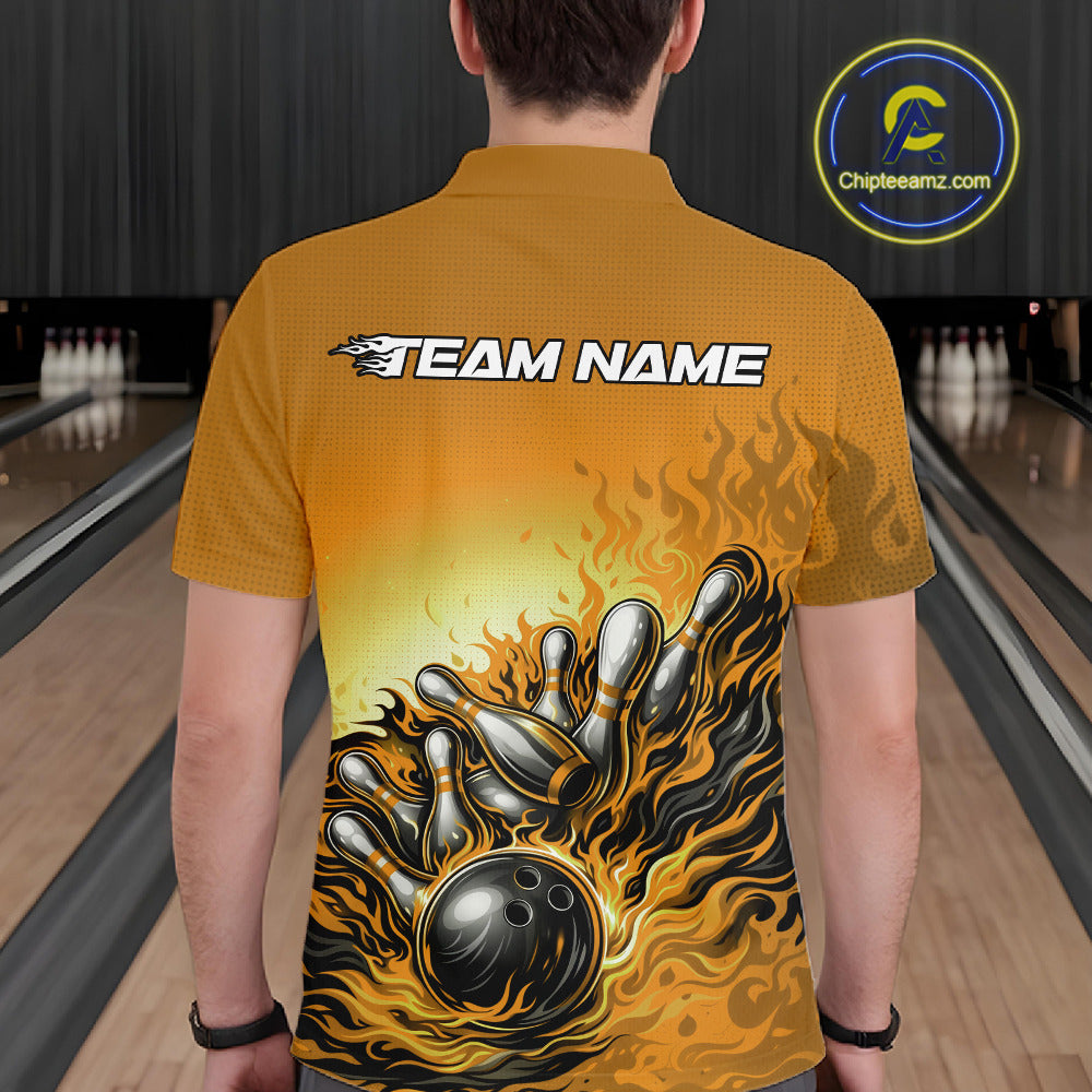 Male model at a bowling lane, back view wearing yellow polo shirt with flame bowling ball striking pins and dynamic bowling graphics