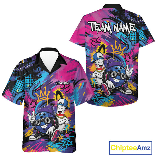 Custom short-sleeve button-up shirt shown from both front and back, featuring a vibrant graffiti-style design with funny bowling balls and pin cartoon characters
