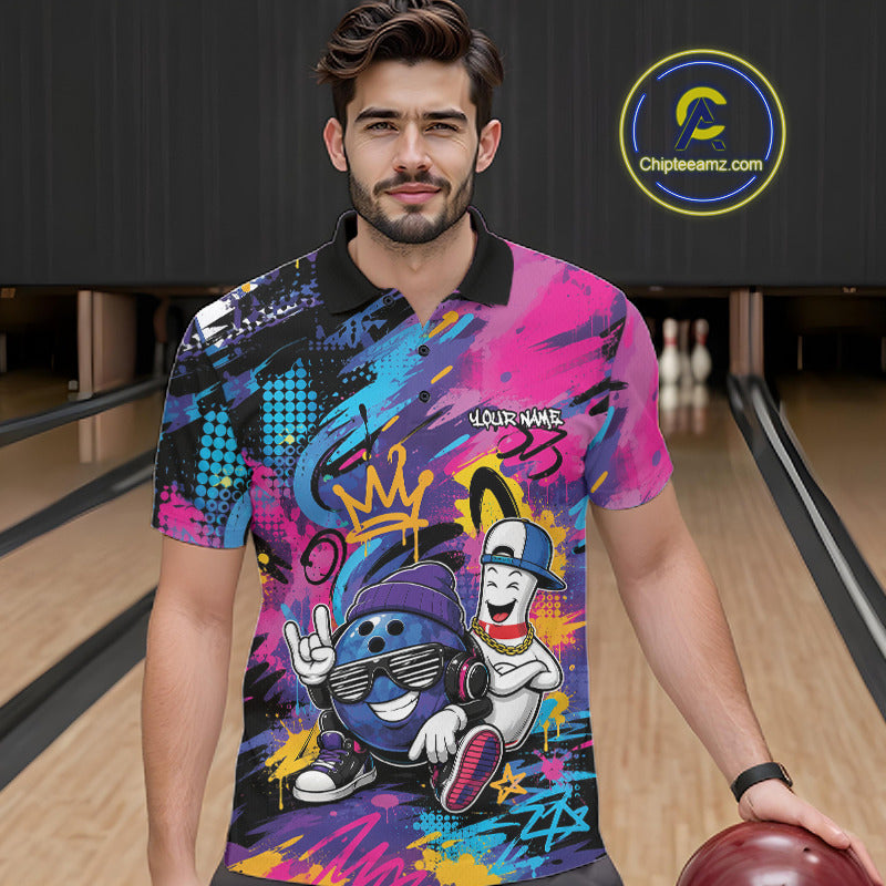 Custom Funny Colorful Graffity Hiphop Bowling Ball And Pin Bowling Men Polo Shirt IPHW11800