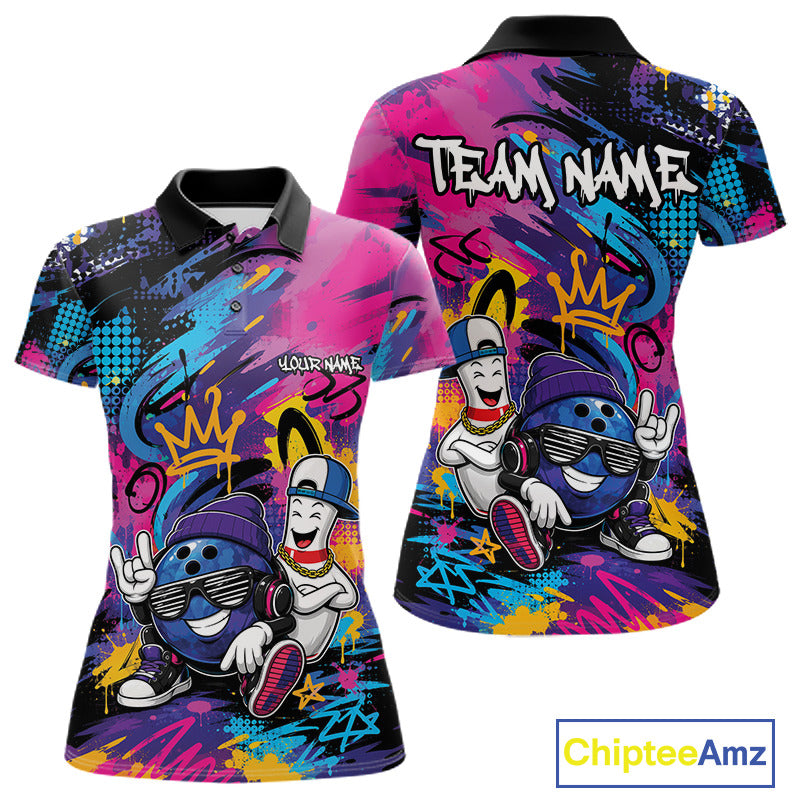 Custom Funny Colorful Graffity Hiphop Bowling Ball And Pin Bowling Women Polo Shirt IPHW11800
