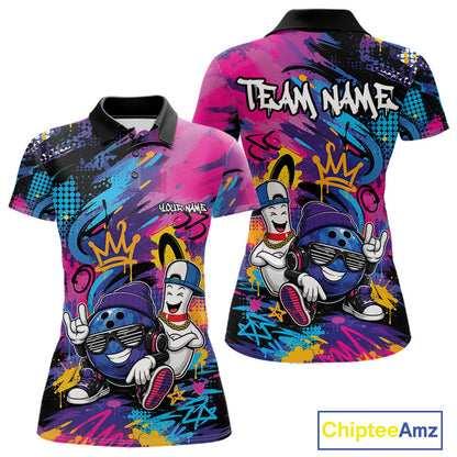 Custom Funny Colorful Graffity Hiphop Bowling Ball And Pin Bowling Women Polo Shirt IPHW11800