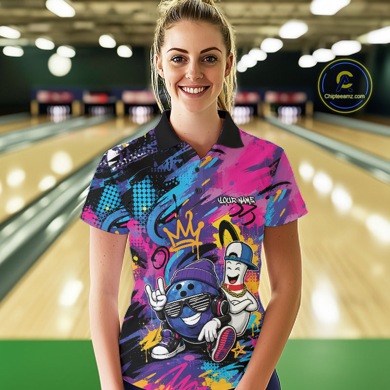 Custom Funny Colorful Graffity Hiphop Bowling Ball And Pin Bowling Women Polo Shirt IPHW11800