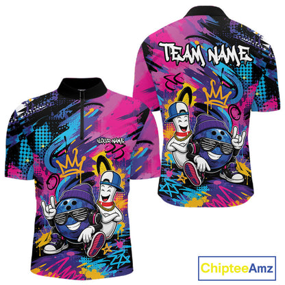 Custom Funny Colorful Graffity Hiphop Bowling Ball And Pin Bowling Men Quarter Zip Shirt IPHW11800