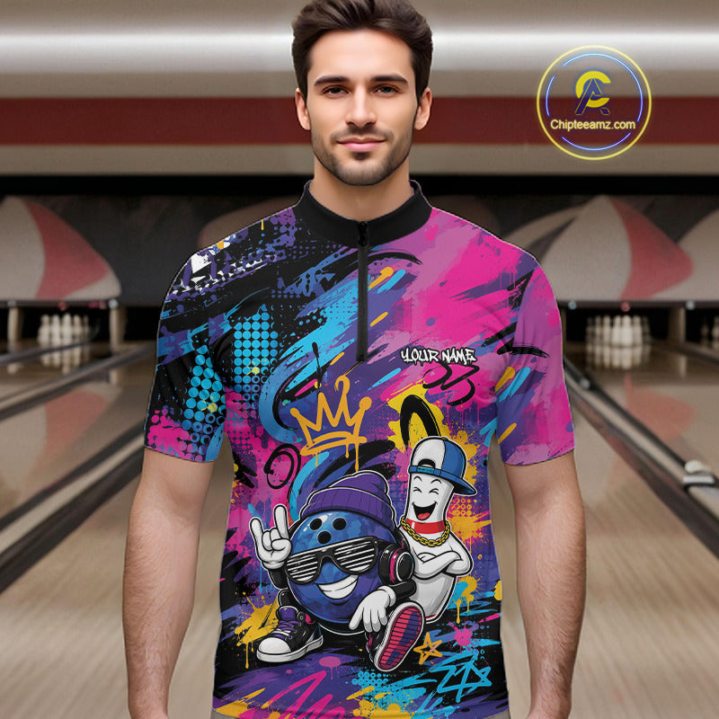 Custom Funny Colorful Graffity Hiphop Bowling Ball And Pin Bowling Men Quarter Zip Shirt IPHW11800