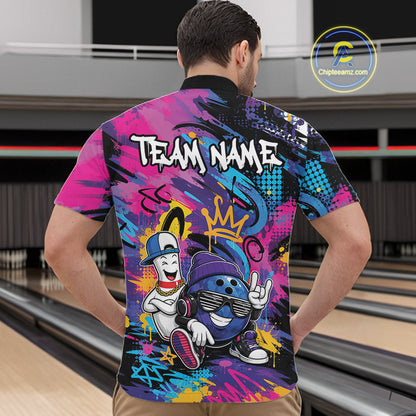 Custom Funny Colorful Graffity Hiphop Bowling Ball And Pin Bowling Men Quarter Zip Shirt IPHW11800