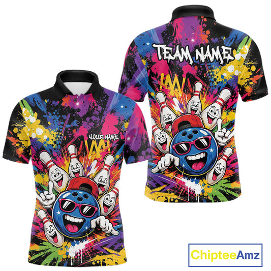 Custom bowling-themed short-sleeve polo shirt shown from both front and back views. The shirt features a vibrant multicolor graffiti-style paint splatter pattern with cartoon bowling pins and a blue bowling ball character wearing sunglasses.