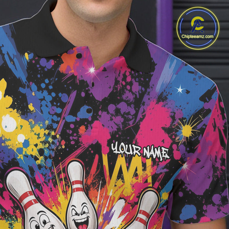 Custom Funny Colorful Hiphop Bowling Men Polo Shirt, Graffity Splatter Bowling Jersey IPHW11802