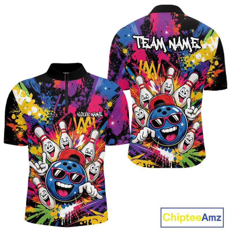 Custom Funny Colorful Hiphop Bowling Men Quarter Zip Shirt, Graffity Splatter Bowling Jersey IPHW11802