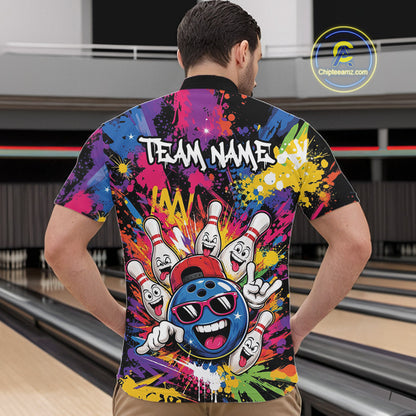 Custom Funny Colorful Hiphop Bowling Men Quarter Zip Shirt, Graffity Splatter Bowling Jersey IPHW11802