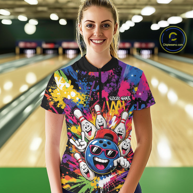 Custom Funny Colorful Hiphop Bowling Women Quarter-Zip Shirt, Graffity Bowling Jersey IPHW11802