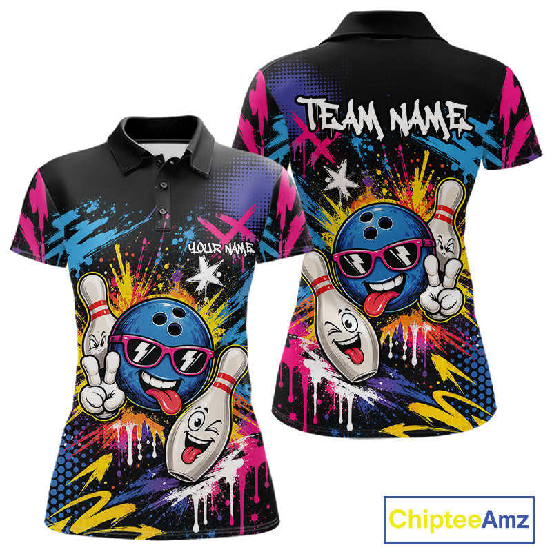 Custom Funny Colorful Paint Splatter Bowling Women Polo Shirt, Graffity Bowling Jersey IPHW11803