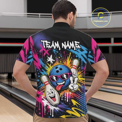 Custom Funny Colorful Paint Splatter Bowling Men Quarter Zip Shirt, Graffity Bowling Jersey IPHW11803