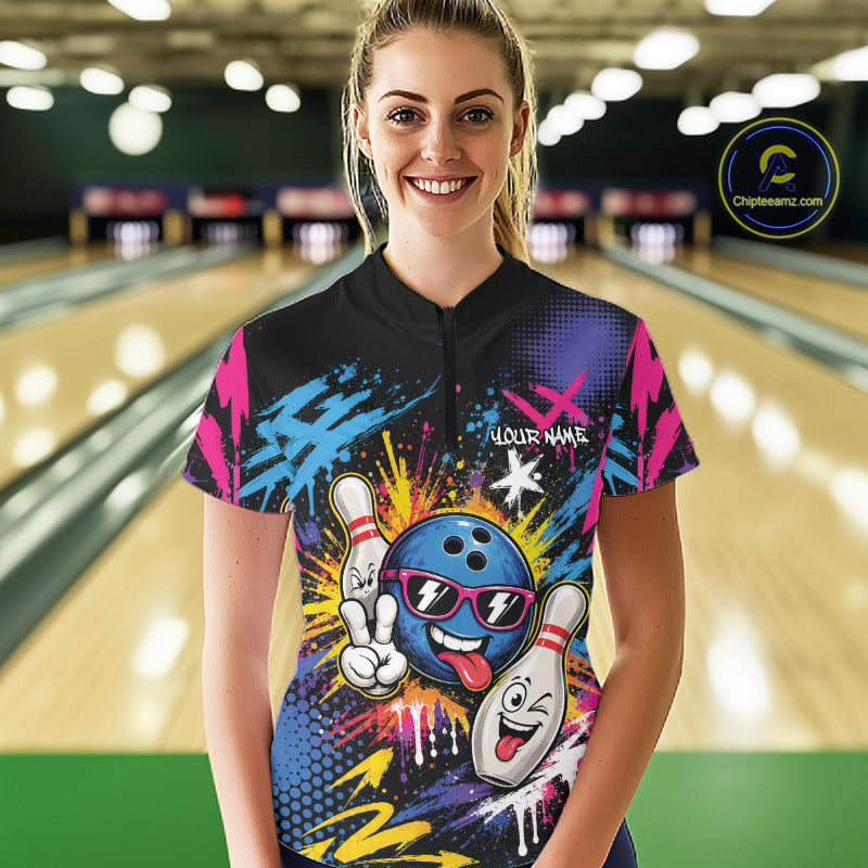 Custom Funny Colorful Splatter Bowling Women Quarter-Zip Shirt, Graffity Bowling Jersey IPHW11803