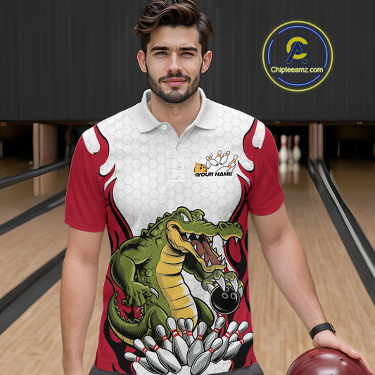 Custom Funny Alligator Bowling Men Polo Shirt, Alligator Red Bowling Team League Shirt IPHW10683