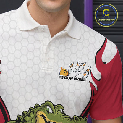 Custom Funny Alligator Bowling Men Polo Shirt, Alligator Red Bowling Team League Shirt IPHW10683
