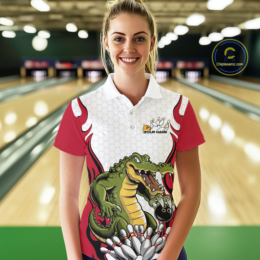 Custom Funny Alligator Bowling Women Polo Shirt, Alligator Red Bowling Team League Shirt IPHW10683