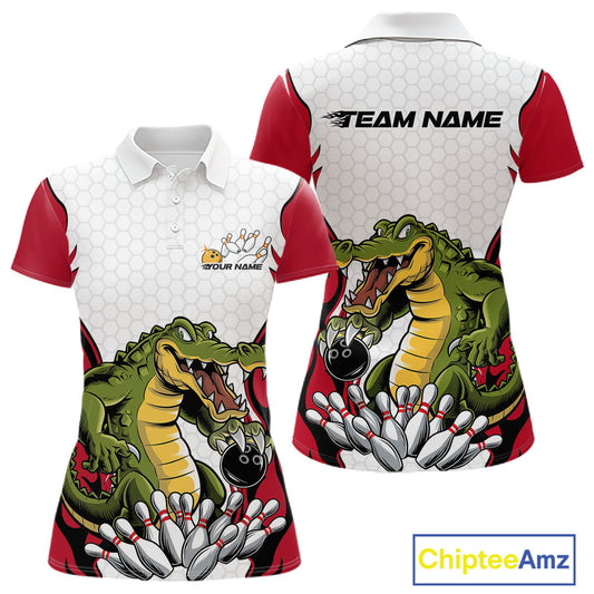 Custom Funny Alligator Bowling Women Polo Shirt, Alligator Red Bowling Team League Shirt IPHW10683