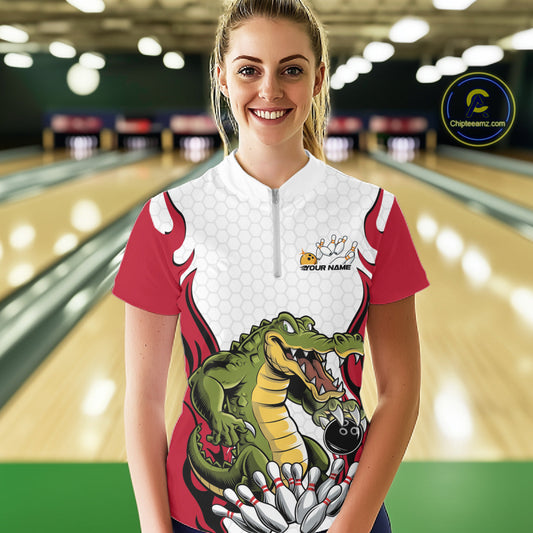 Custom Funny Alligator Women Bowling Shirts, Alligator Red Bowling Team League Shirt IPHW10683