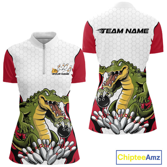 Custom Funny Alligator Women Bowling Shirts, Alligator Red Bowling Team League Shirt IPHW10683